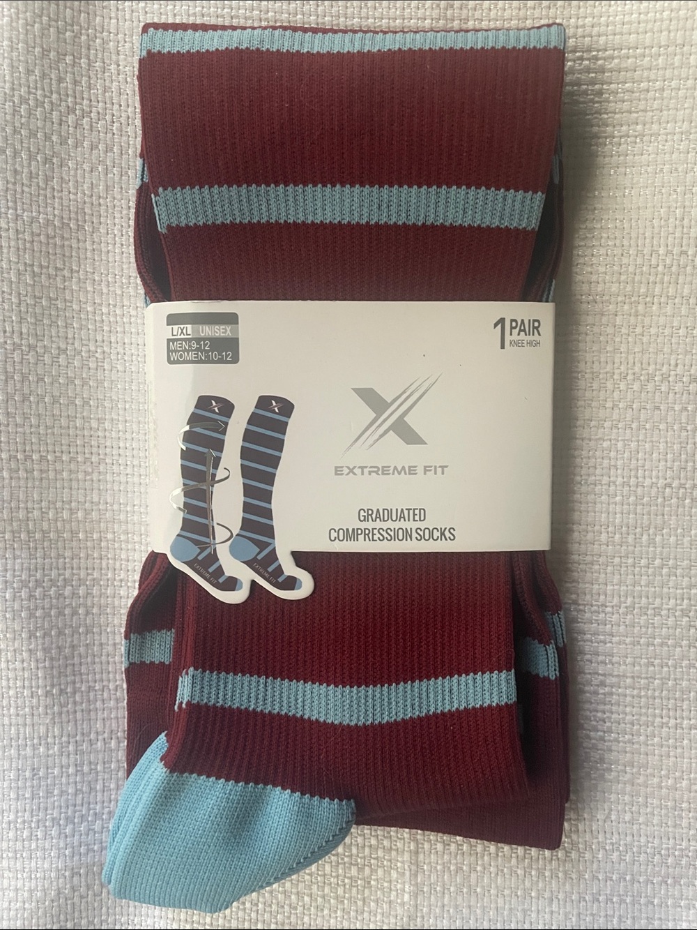 Burgundy with Blue Stripes Compression Socks size L/XL 15-20mmHg NEW in wrapper